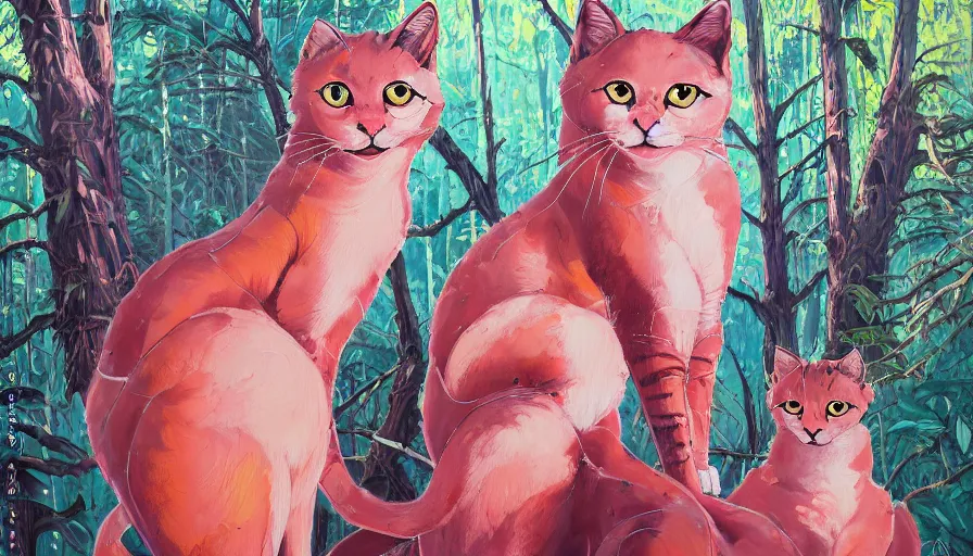 Image similar to highly detailed contemporary acrylic painting of really tall sitting cats by greg tocchini, thick brush strokes and visible paint layers, dense overgrown forest background, vivid pastel color scheme