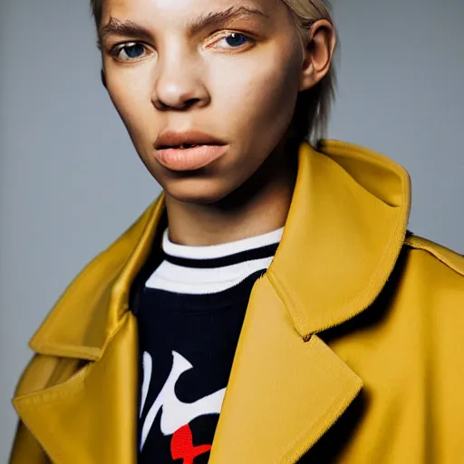 Image similar to realistic photoshooting for a new balenciaga lookbook color film photography portrait of a beautiful blonde woman model wearing a workwear jacket, photo in style of tyler mitchell