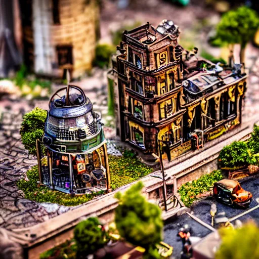 Image similar to macro photo of a miniature steampunk city, canon 8 0 d, canon 1 0 0 mm f / 2. 8