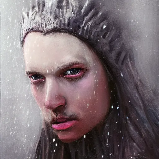 Image similar to ‘ icewind dale ’ themed ‘ icewind dale 2 ’ portrait by ‘ justin sweet ’, falling snow, soft focus, oil paint,