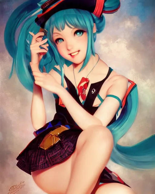 Image similar to Hatsune Miku by Gil Elvgren and Daniela Uhlig