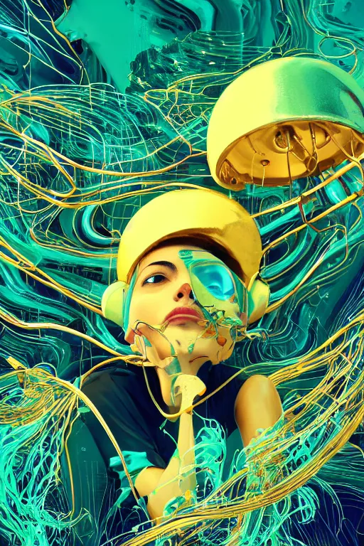 Prompt: epic 3 d abstract 🇵🇷 laptop hacker, spinning hands and feet, 1 6 mm, gold and teal peanut butter melting smoothly into asymmetrical mushrooms, thick wires looping, wavy, kinetic, floating headsets, houdini sidefx, deviantart, by jeremy mann, ilya kuvshinov, jamie hewlett and ayami kojima