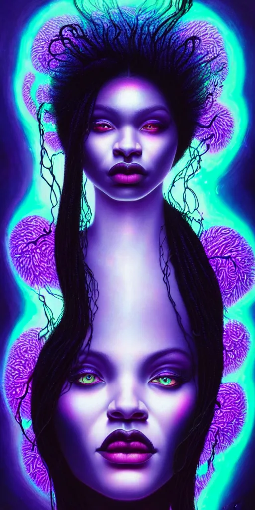 Image similar to hyperrealistic close-up of beautiful black woman with white hair and iridescent blue skin hannah yata dramatic neon lighting