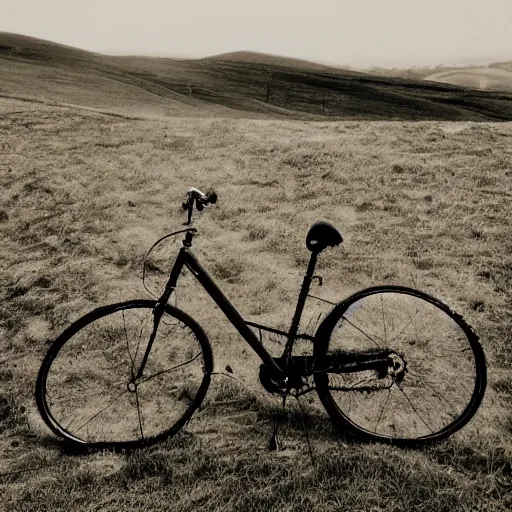 Prompt: Punctured bicycle on a hillside desolate