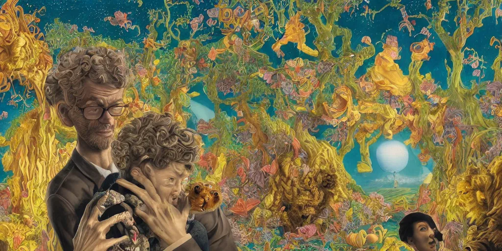 Image similar to a sobbing man and a happy women, furry creatures, highly detailed, cinematic, infographic for imaginary animals, golden hour, backlit by an alien planet, sharp focus, psychedelic LSD manga, abstract oil painting by Raqib Shaw and joseph albers, MC Escher illustration, 8k,by Stanley Artgermm,Tom Bagshaw,Greg Rutkowski,Carne Griffiths, Ayami Kojima, Beksinski, Giger,trending on DeviantArt,hyper detailed,horror, full of colour, golden hour