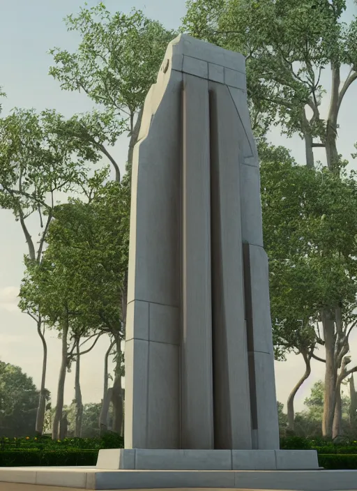 Image similar to highly detailed realistic architecture 3 d render of a futuristic stele monument in frank lloyd wright style standing in city park, archdaily, made in unreal engine 4 octane render