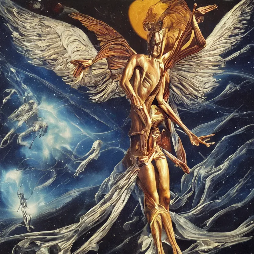 Image similar to anatomy of an alien angel in space, with abstract wings and arms outstretched. pulp sci - fi art for omni magazine. high contrast. baroque period, oil on canvas. renaissance masterpiece. trending on artstation. retrofuturism.