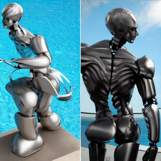 Image similar to twitch streamer / gamer ludwig, ice statue, blank stare, a realistic detailed photo of a guy who is an attractive humanoid who is half robot and half humanoid, by the pool, posing like a statue, showing off his muscles, made of ice, shiny skin, on display, who is a male android, humanoid robot