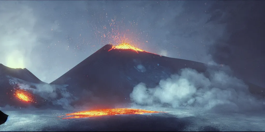 Prompt: volcano sputtering by john harris, craig mullins. ultra clear detailed. octane render. 8 k render artstation