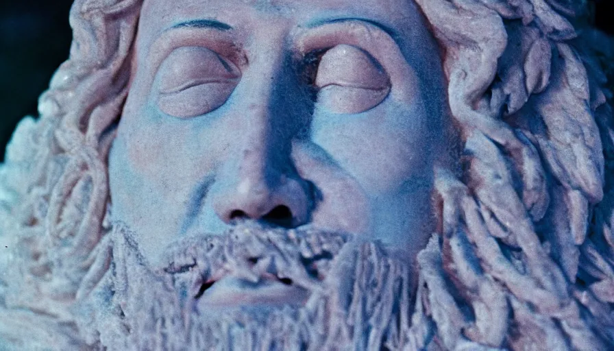 Image similar to 1 9 6 0 s movie still close up of marcus aurelius frozen to death in a blue cape with fur in a river with gravel, pine forests, cinestill 8 0 0 t 3 5 mm, high quality, heavy grain, high detail, texture, dramatic light, anamorphic, hyperrealistic, detailed hair