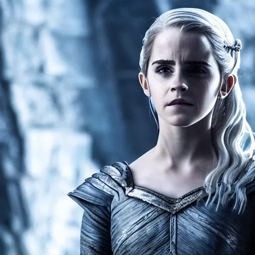 Image similar to Emma Watson as Daenerys Targaryen, XF IQ4, f/1.4, ISO 200, 1/160s, 8K, Sense of Depth, color and contrast corrected, Nvidia AI, Dolby Vision, in-frame