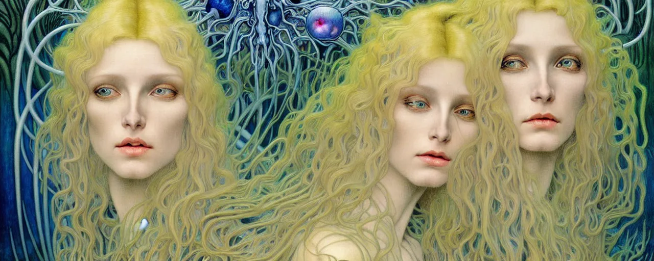 Image similar to realistic detailed portrait painting of a beautiful ghost woman with blond hair with an alien, futuristic sci-fi forest on background by Jean Delville, Amano, Yves Tanguy, Alphonse Mucha, Ernst Haeckel, Edward Robert Hughes, Roger Dean, rich moody colours, blue eyes