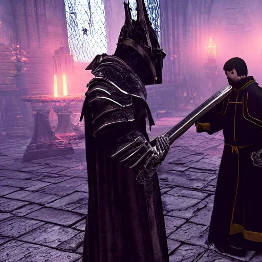 Image similar to a priest blessing a paladin, dark souls 3 aesthetic