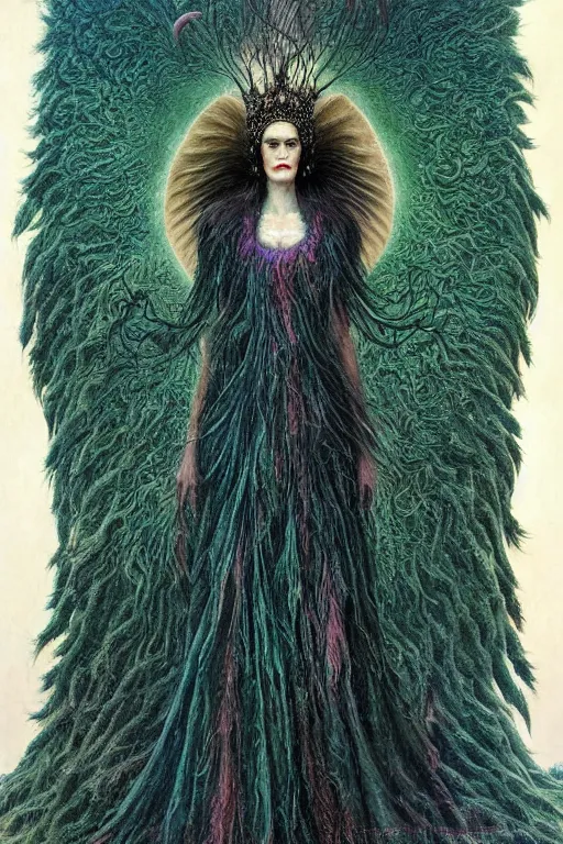 Prompt: cosmic horror eldritch lovecraftian full body portrait of eva green as the emerald queen of feathers by wayne barlowe, agostino arrivabene, denis forkas