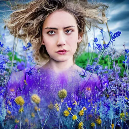 Image similar to epic realistic photo human body made of blue wild flowers