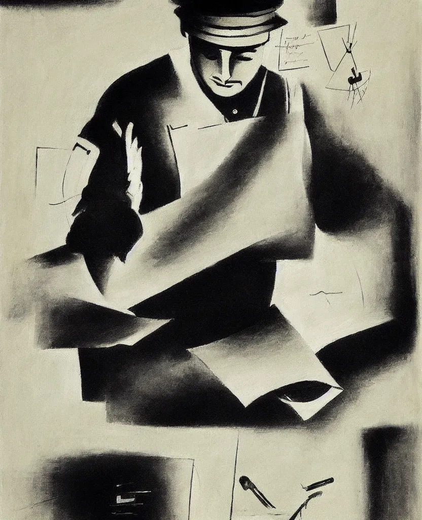 Image similar to a beautiful painting of a soldier's hand writing a letter to home with wwii in background, black and white, painted by laszlo moholy - nagy