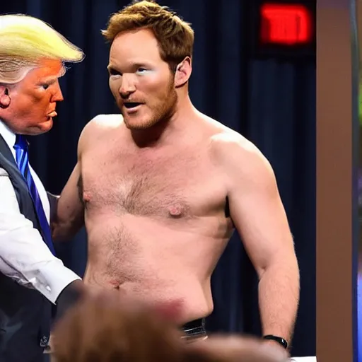 Image similar to donald trump with no shirt feeding chris pratt while slapping his bottom