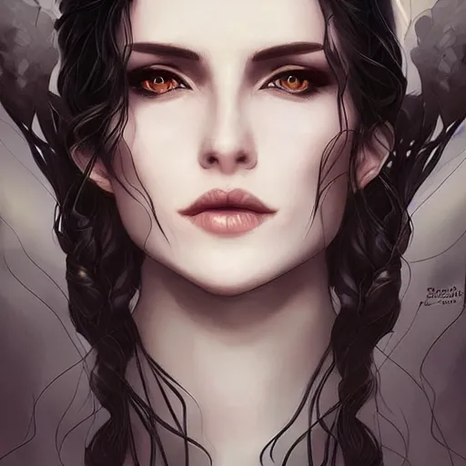 Image similar to yennefer, beautiful face, rule of thirds, intricate outfit, by artgerm