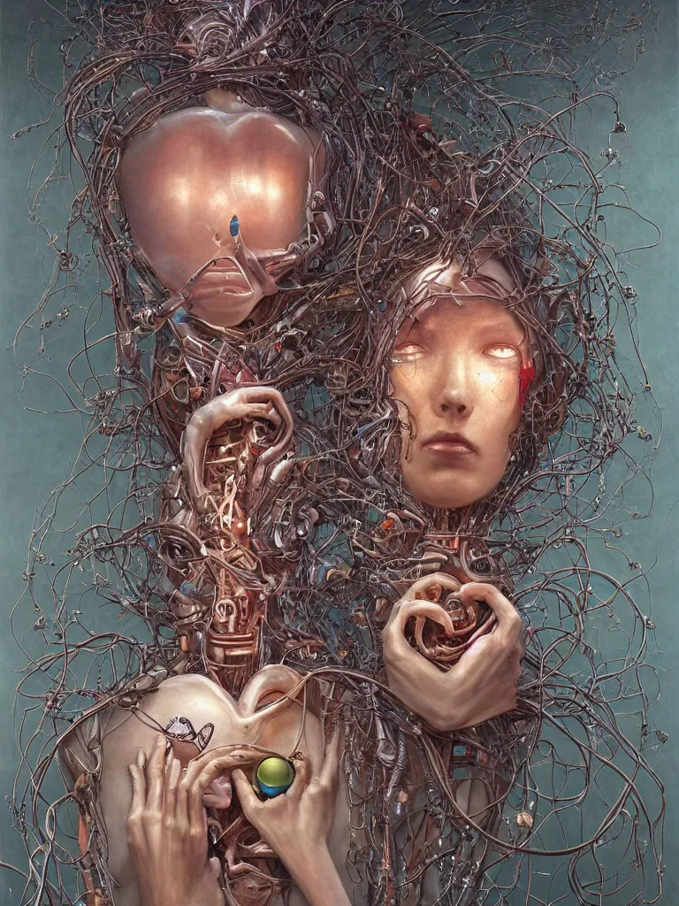 Image similar to portrait of a beautiful female android robot holding a realistic anatomical heart in her hands and crying, there are wires coming from her heart, tangled and entwined with her long flowing hair, mecha, biopunk, painting by James C. Christensen, by Dan Witz, by tomasz alen kopera