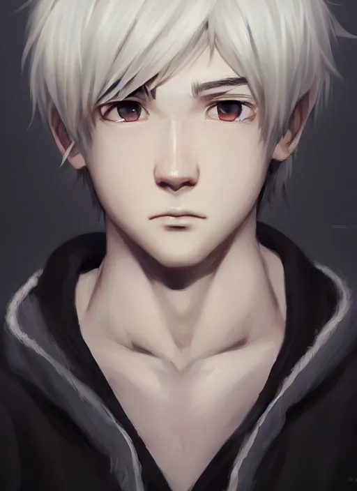 Image similar to detailed portrait art of boy with white three to seven hair, art by ross tran ilya kuvshinov krenz cushart, wear a white shirt, the left eye is black, the right eye is blue, and the bone is exposed on the right forehead, very detailed, intricate, digital anime art, sharp focus