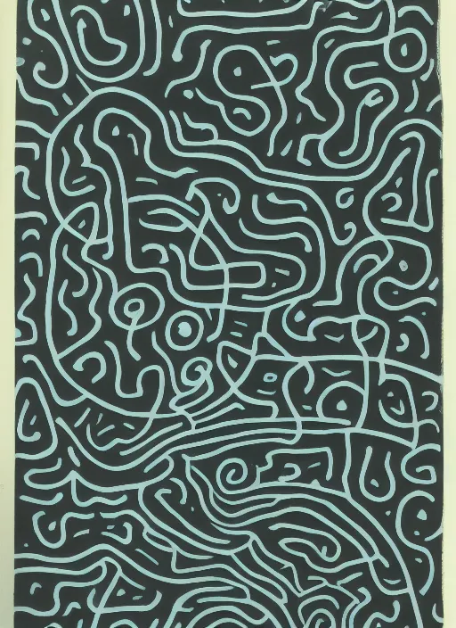 Image similar to A wandering mind, vintage 1960s print, screen print, abstract, weird, simple,