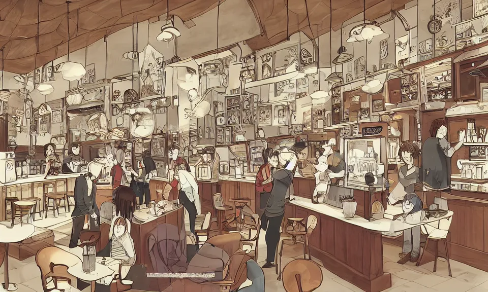 Image similar to interior of a coffee shop, anime style, cozy, drawing, highly detailed