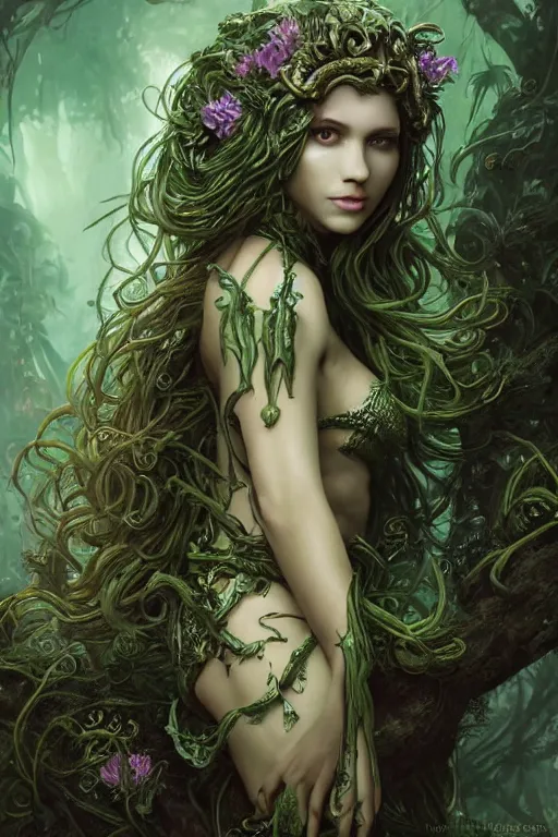 Image similar to a beautiful young woman, Vraska golgari queen, long flowing medusa hair, mostly green and leather pirate armor, young female face, vine like plants and jungle background, cinematic top lighting, insanely detailed and intricate, face by wlop, Charlie Bowater, golden ratio, symmetric, elegant, ornate, luxury, elite, matte painting, MTG, magic the gatheing, cinematic, cgsociety, 8k, high resolution