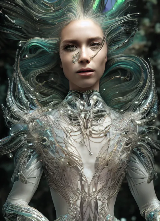 Image similar to beauteous stunning practical sumptuous androgynous biomechanical with incredible iridescent pearlescent voluminous hair, crystalline masterpiece incrustations, hyperdetailed face, elegant pose, movie still, intricate accuracy, octane render, cinematic forest lighting, cgsociety, unreal engine, crepuscular rays, god rays