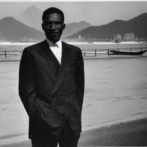 Image similar to vintage photo of a black man wearing a black suit in front of rio de janeiro