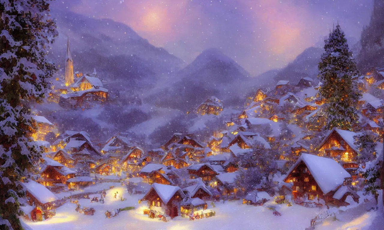 Prompt: a beautiful landscape painting of a small swiss mountain village in the snow at night with Christmas trees and fairy lights by Alfons Maria Mucha and Julie Dillon and Makoto Shinkai, vivid colors, high details, cinematic, 8k resolution, beautiful detailed, photorealistic, digital painting, artstation, concept art, smooth, sharp focus, illustration, fantasy background, artstation trending, octane render, unreal engine