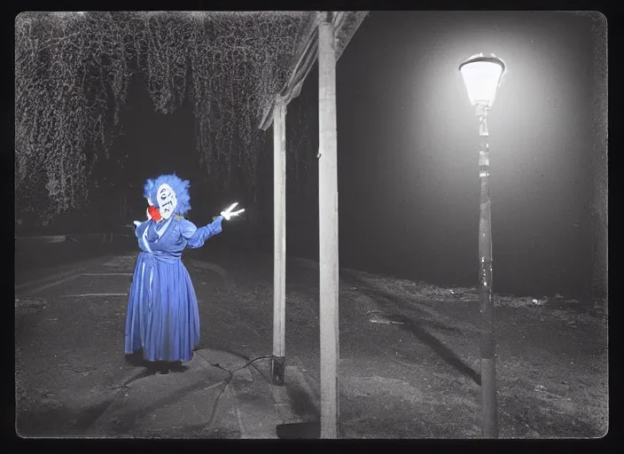 Image similar to a thin scary woman clown with scary face in torn clothes stands under a lamppost that shines a blue light on the clown, pitch darkness around the post, everything happens at night in an old Soviet village, the photo was taken from afar, Colourful, Cinematic, filmic, 35mm, dark atmosphere, horror, scary, Wildlife photography, Polaroid, bad quality