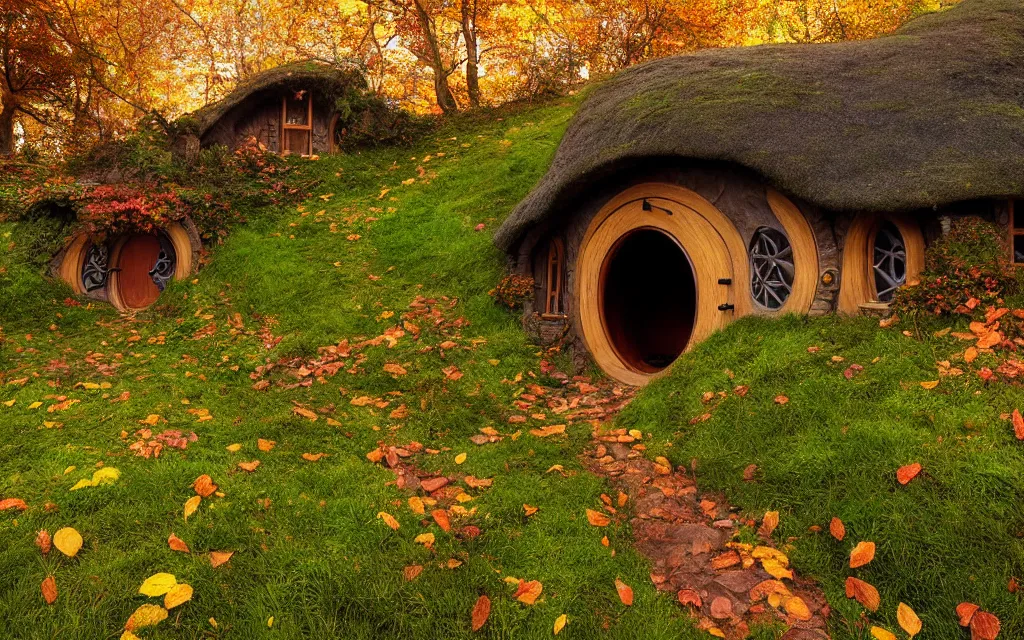 Prompt: a hobbit house built into the hillside, lush fields, autumn leaves, golden hour, high quality digital art