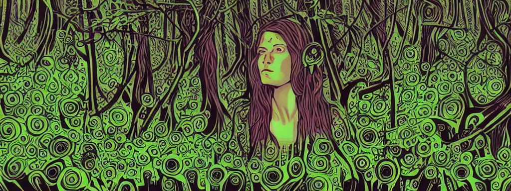 Image similar to a grunge technogaianist long-haired blonde digital musician playing modular synthesizer in the forest, technology and nature swirling in harmony, plugging vines into the synthesizer, trees swaying to the beat, postmodern surrealist concert poster, grainy poster art, hand drawn matte painting by Tara McPherson and Gary Houston, smooth, sharp focus, extremely detailed, 24mm.