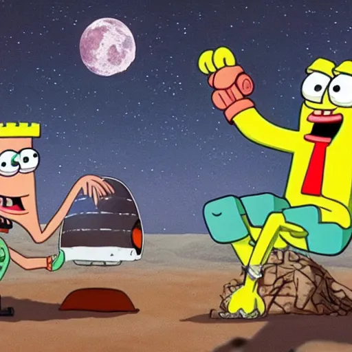 Prompt: Squidward arm wrestling with cowboys on the moon in an episode of Spongebob