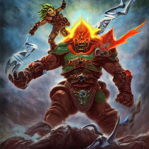 Prompt: link and ganon battle in hell in the style of doom eternal ed binkley