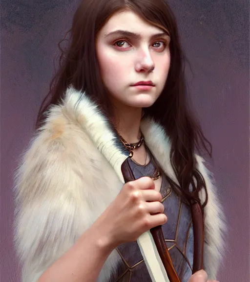 Prompt: portrait of teenage athena holding a dagger, stern expression, long ivory hair, wearing clothing of leather and fur, fringe, bone jewelry, intricate, elegant, leather jewelry, glowing lights, highly detailed, digital painting, artstation, concept art, smooth, sharp focus, illustration, art by wlop, mucha, artgerm, and greg rutkowski