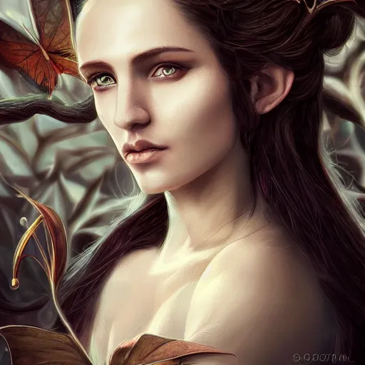 Image similar to portrait of beautiful elvish goddess , 8k, highly detailed, sharp, realistic, in style of Anna Dittmann