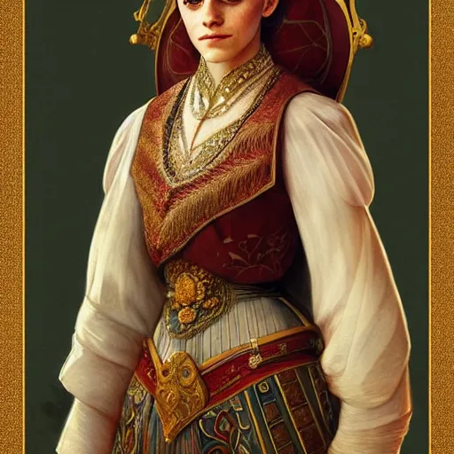 Image similar to emma watson portrait of ottoman sultan gog, female, clear face, symetrical, masculine, full body, 4 k, fantasy, intricate, elegant, highly detailed, digital painting, artstation, concept art, matte, sharp focus, illustration, art by artgerm and greg rutkowski and alphonse mucha