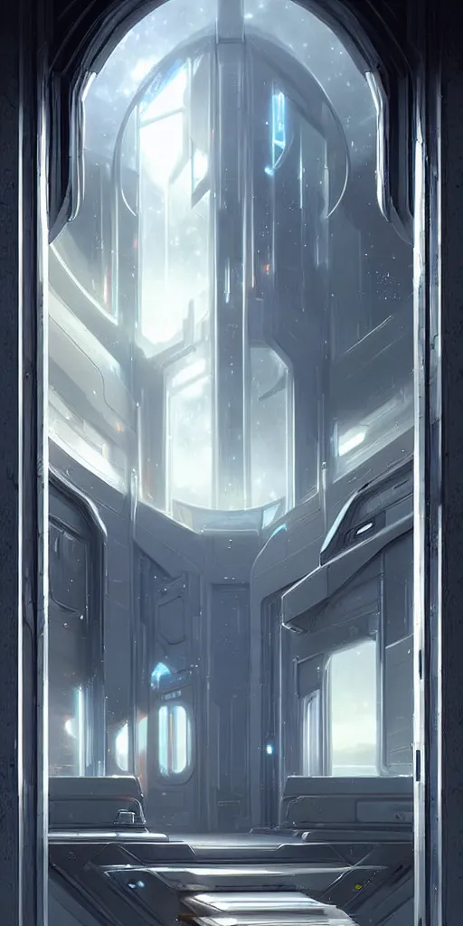 Image similar to hyper realistic art - deco sci - fi double door by jordan grimmer, darek zabrocki