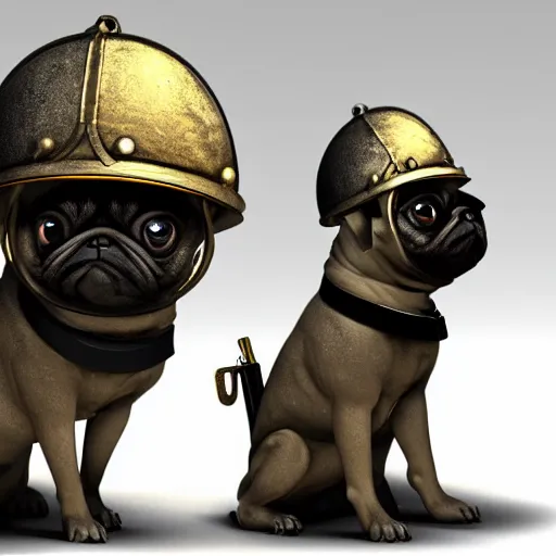 Image similar to high detailed soft 3 d render of a little pug dog with a first world war german helmet on his head sitted on the top of a bazooka, very detailed, 3 d, trending on artstation