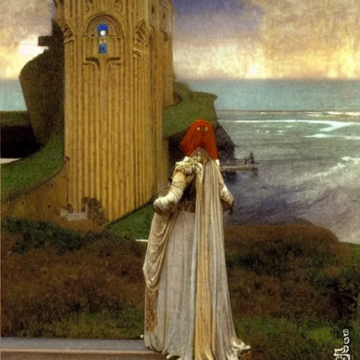 Image similar to Chalice knight leaving the castle through the bridge, thunderstorm, beach ocean on the background major arcana sky, by paul delaroche, alphonse mucha and arnold böcklin arnold böcklin hyperrealistic 8k, very detailed