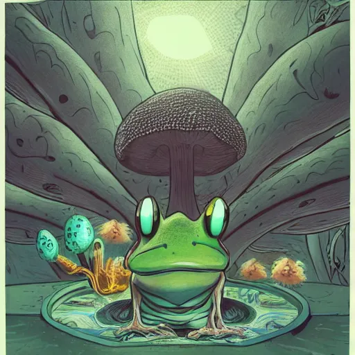 Image similar to A centered chest up portrait of a psychedelic godlike anthropomorphic frog smoking a hand-rolled cigarette smoking heavily , magic mushroom village in background . award winning. superb resolution. in the art style of junji Ito and greg rutkowski . Detailed Mushroom city in background. Hyper realistic anime. Perfect art. Dalle2