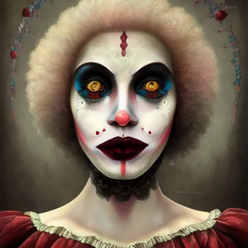 Prompt: ultra realist soft painting of a single beautiful female clown with gothic makeup big smile croocked teeth in a long dress, curiosities carnival, symmetry accurate features, very intricate details, focus, curvy, artstyle by Tom Bagshaw, award winning