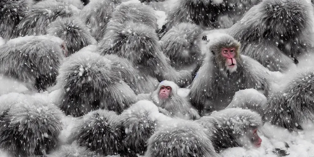 Image similar to scenic mountain setting, snow monkeys gather at the natural spa, highly detailed, snow flurry, cold, steamy, desaturated, inquisitive, striking, contemplative, watercolor, dry brush