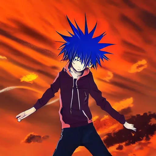 Image similar to orange - haired anime boy, 1 7 - year - old anime boy with wild spiky hair, wearing red jacket, flying through sky, ultra - high jump, late evening, blue hour, cirrus clouds, pearly sky, ultra - realistic, sharp details, subsurface scattering, blue sunshine, intricate details, hd anime, 2 0 1 9 anime