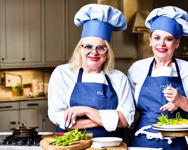 Image similar to a 8k highly detailed still photo by David Bailey of Two blue merle French Bulldogs in chef hats and aprons starring on a cooking show, a high end kitchen in the background