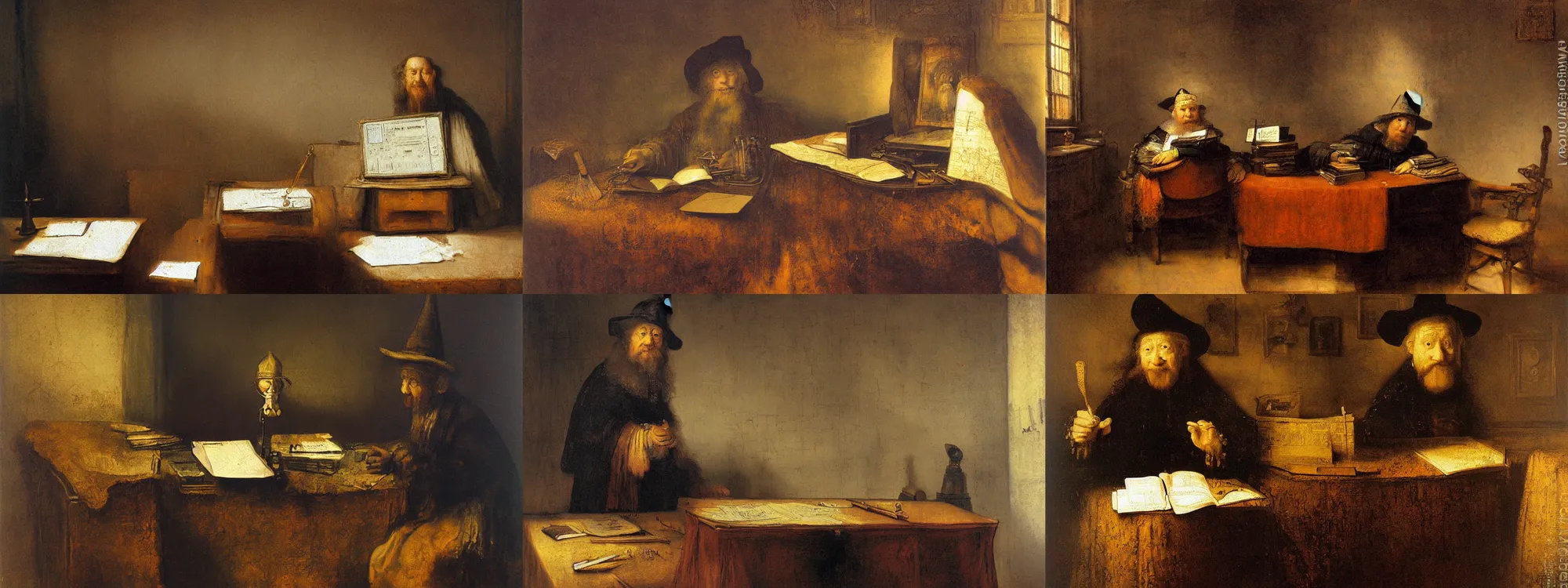 Prompt: wizard, radio box, desk, tome, oil painting by Rembrandt