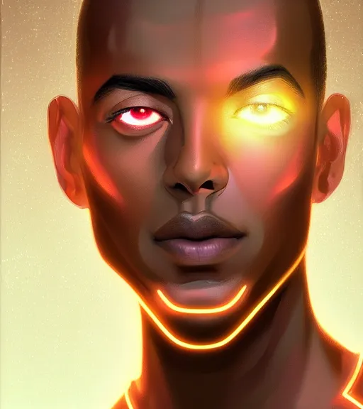 Image similar to symmetry!! egyptian prince of technology, solid cube of light, hard edges, product render retro - futuristic poster scifi, lasers and neon circuits, brown skin man egyptian prince, intricate, elegant, highly detailed, digital painting, artstation, concept art, smooth, sharp focus, illustration, dreamlike, art by artgerm