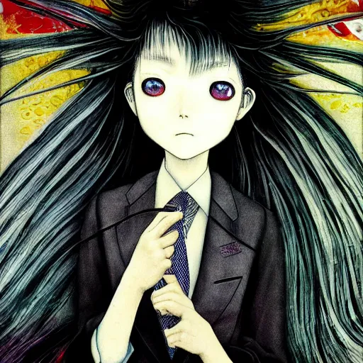 Image similar to yoshitaka amano blurred and dreamy realistic illustration of an anime girl with black eyes, wavy white hair fluttering in the wind wearing dress suit with tie, junji ito abstract patterns in the background, satoshi kon anime, noisy film grain effect, highly detailed, renaissance oil painting, weird portrait angle, blurred lost edges, three quarter view