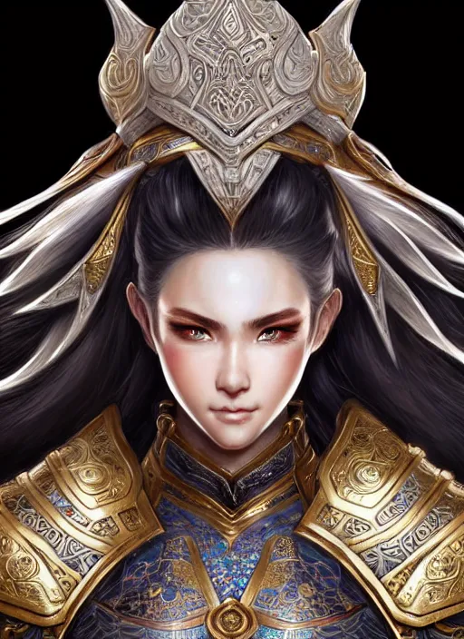 Image similar to warrior, intricate ornate opal heavy armor!!! beautiful and athletic white hair female!! gorgeous face and eyes!! character concept art, sharp focus, octane render! unreal engine 5! highly rendered!! trending on artstation!! detailed linework!! illustration by artgerm, wlop, and chie yoshii